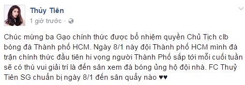 Thủy Tiên chúc mừng chồng được bổ nhiệm quyền chủ tịch CLB bóng đá TP. HCM
